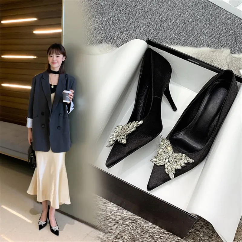 

High Stiletto Women Shoes 2021 Spring Women's Pumps Pointed Toe Slip-On Bowknot Crystal Sweet Sexy Women's Shoes Banquet Shoes