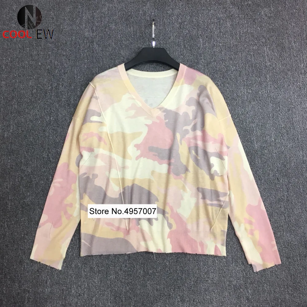Женский кашемировый вязаный свитер с V-образным вырезом и камуфляжным принтом