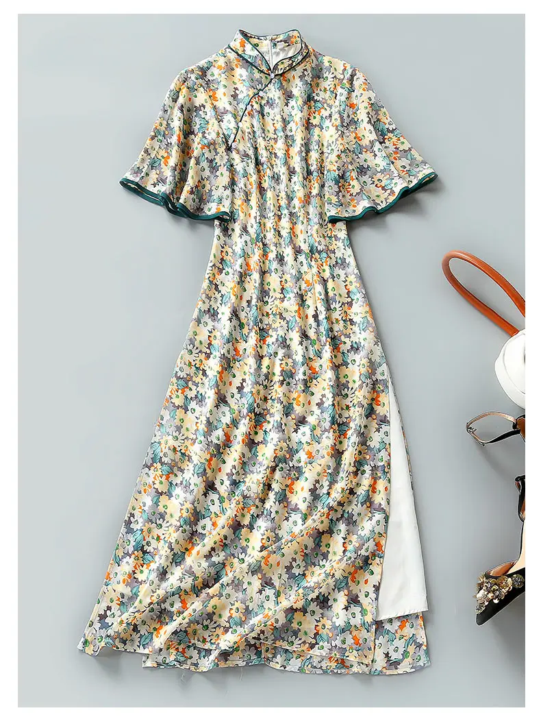 Китайское летнее шифоновое платье Ципао с принтом маргариток в винтажном стиле |