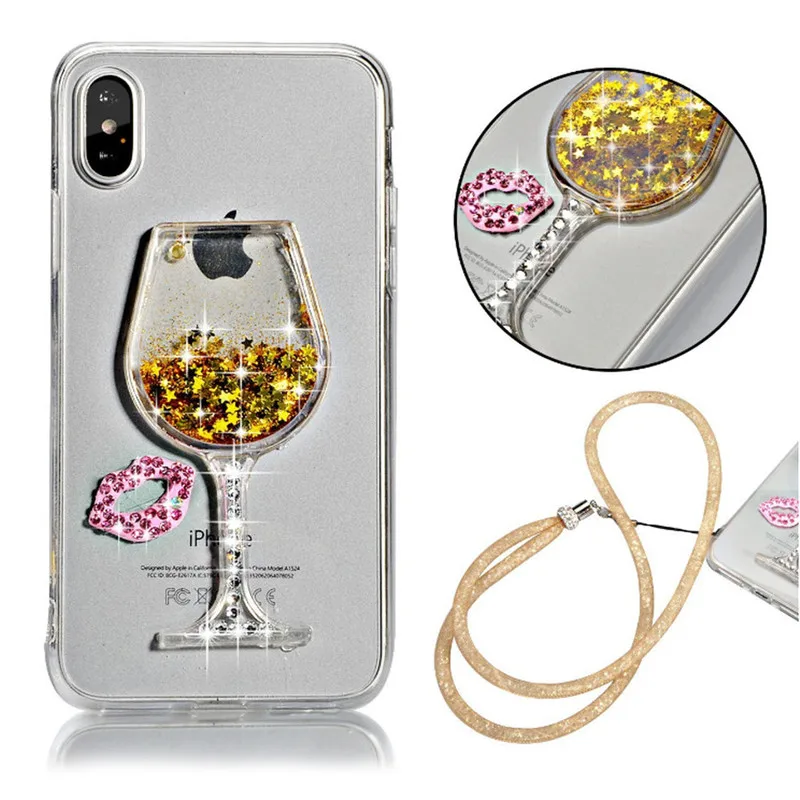 For iPhone 11 Pro X XS MAX XR 6 6S 7 8 Plus 5 SE 2020 Case Liquid Quicksand Bling Rhinestone Wine Glass Cover Hang Rope |