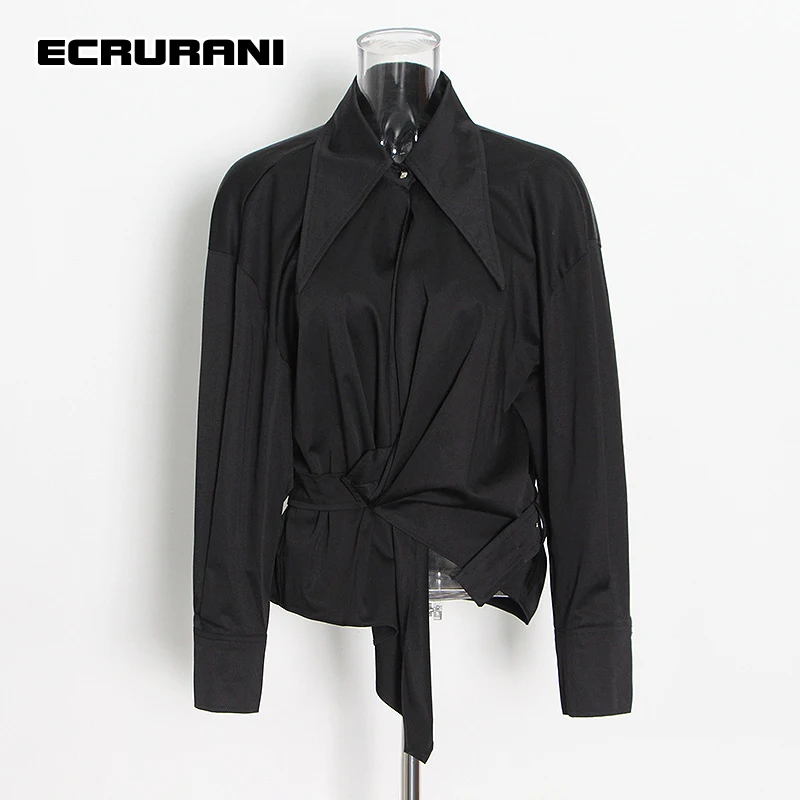 

ECRURANI Black Casual Patchwork Shirts For Women Lapel Long Sleeve Straight Irregular Hem Solid Blouses Females 2021 Autumn New