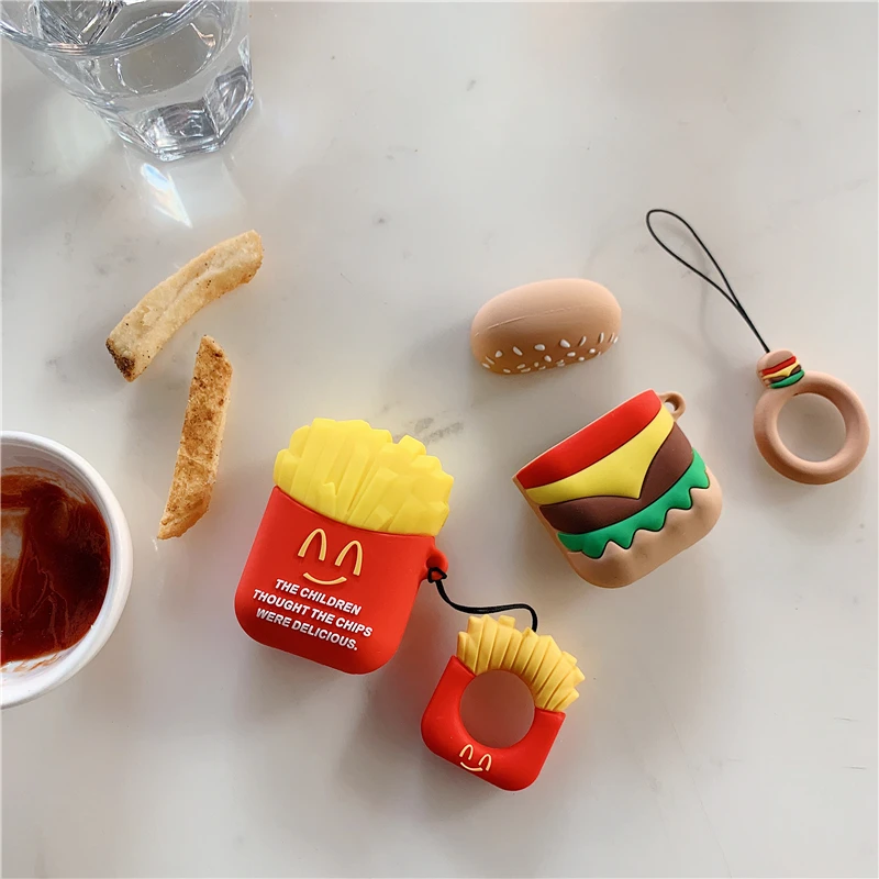 

For AirPods 1 2 Pro Case Cute Cartoon French Fries Hamburger Soft Silicone Earphone Cases For Apple Airpods Cover Funda Keychain
