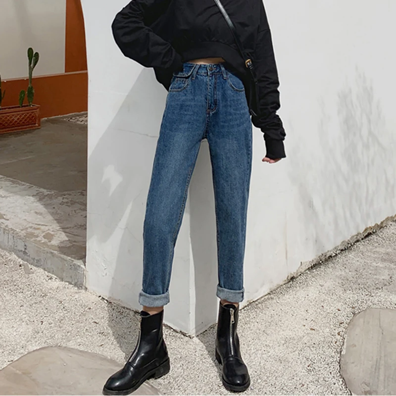 Женские джинсы с высокой талией в Корейском стиле Шаровары свободного покроя