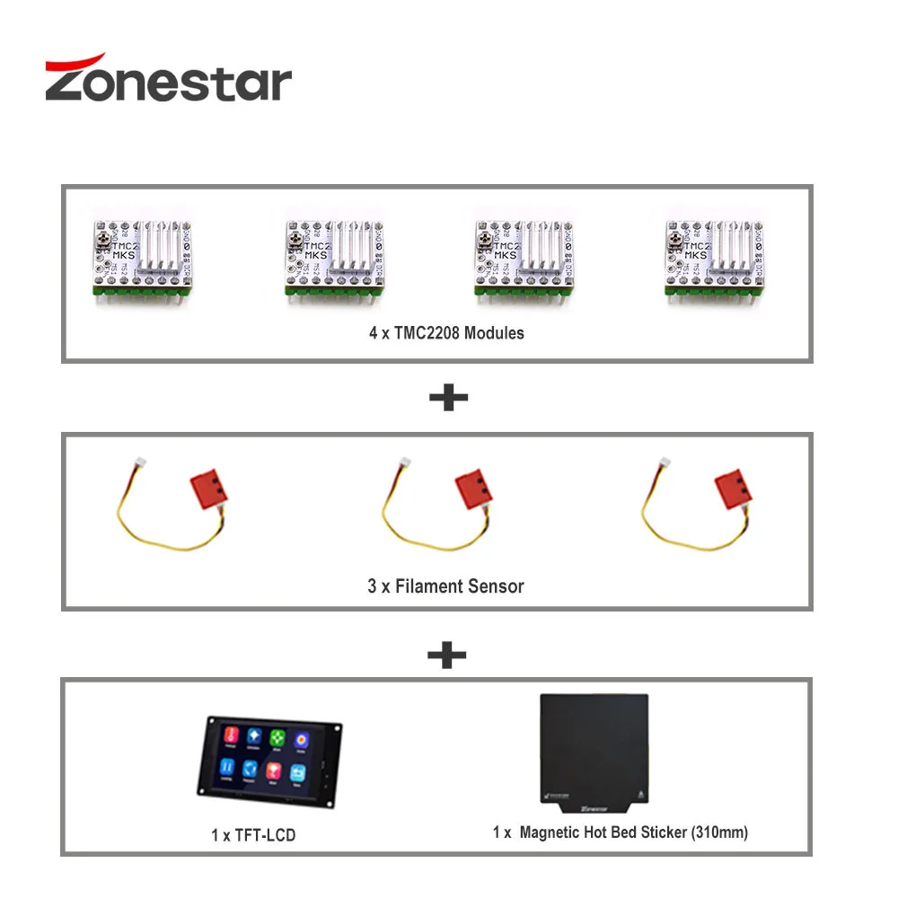 

ZONESTAR Z8M3 Upgrade Kit 3.5 INCH TFT-LCD Touch Screen TMC2208 Silent Motor Drivers Filament Sensors Magnetic HotBed Sticker