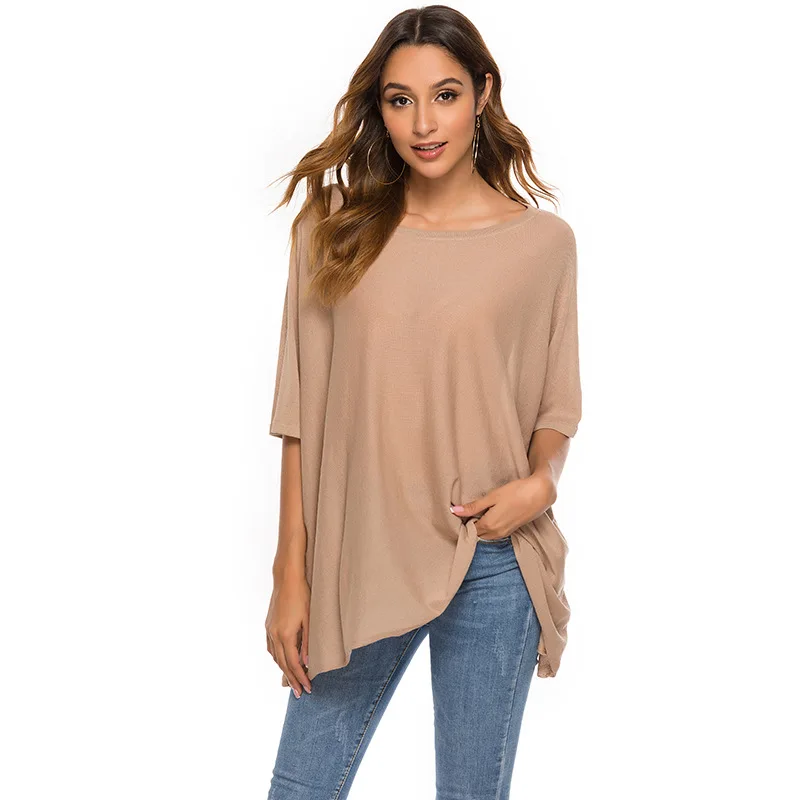 

European American Sexy Off Shoulder Bat Sleeve Ice Silk Sweater Top Women's Thin Loose Solid Color Pullover Crew Neck Sweater