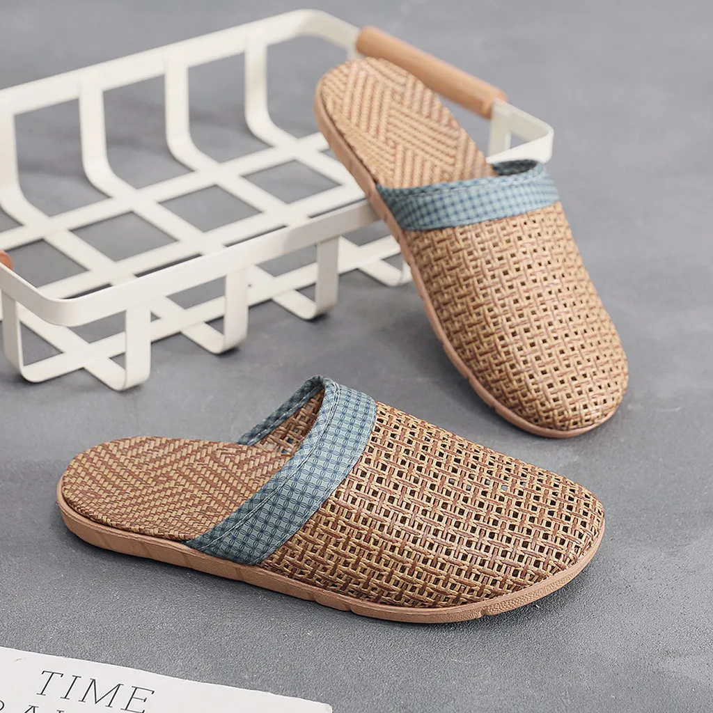 

Summer Men Flax Slippers New Casual Slides Linen Indoor Shoes Flip Flops Sandals Solid Color Slippers 2021 New Тапки Мода