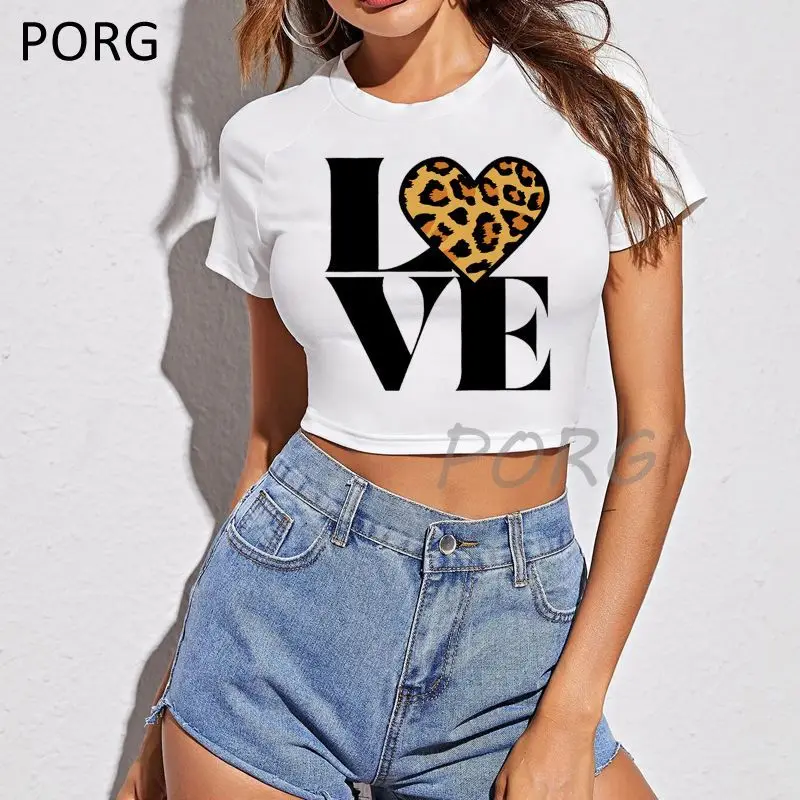 

Leopard Love White Casual Fashion Womens T-shirt Bodycon Skinny Cropped Tops Tee Print Short T Shirt Female O-neck Polyester Top
