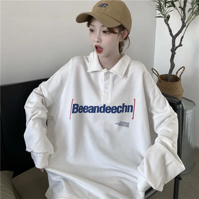 

Стильная оригинальная рубашка-поло, женская футболка с длинным рукавом, весна и осень, свободная рубашка в Корейском стиле бойфренда