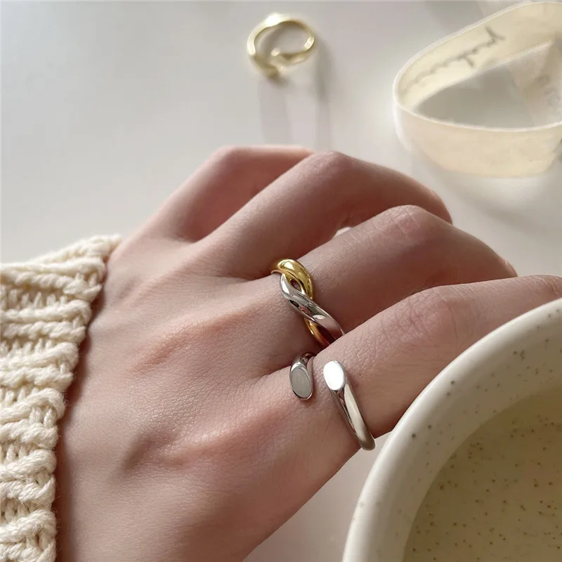 

New Simple Real S925 Sterling Silver Double Color Rings For Women Accessories Elegant Ladies Rings Silver Finger Jewelry