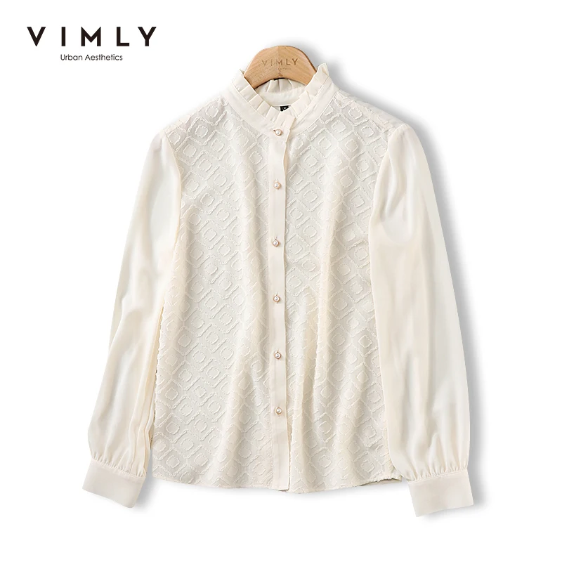 Рубашка женская кружевная с воротником-стойкой и длинным рукавом на осень F8673 2021 |