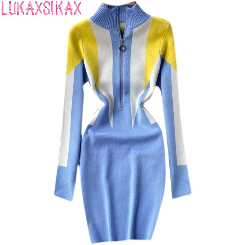 

LUKAXSIKAX New Spring Autumn Women Stand Collar Long Sleeve Slim Mini Dress Fashion Color-blocked Zipper Knitted Dress