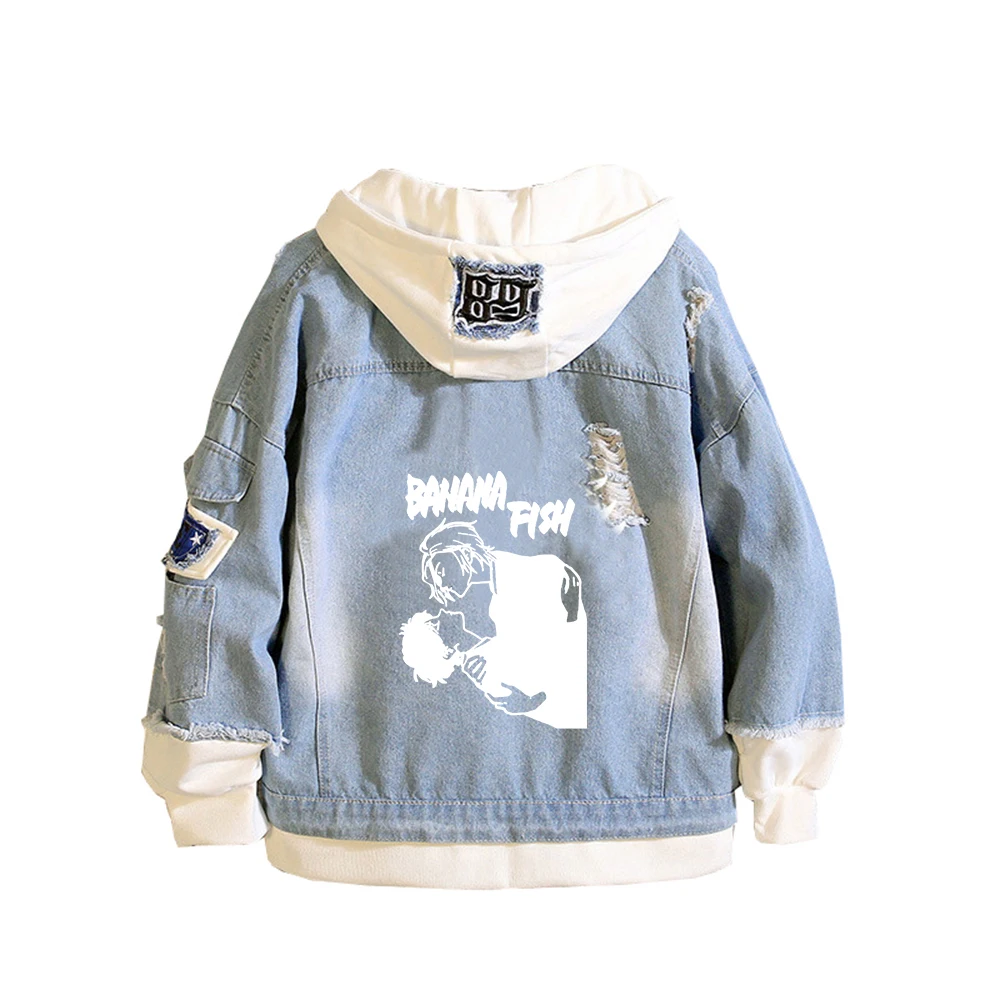 Куртка женская джинсовая в стиле аниме худи из денима с банановыми рыбками