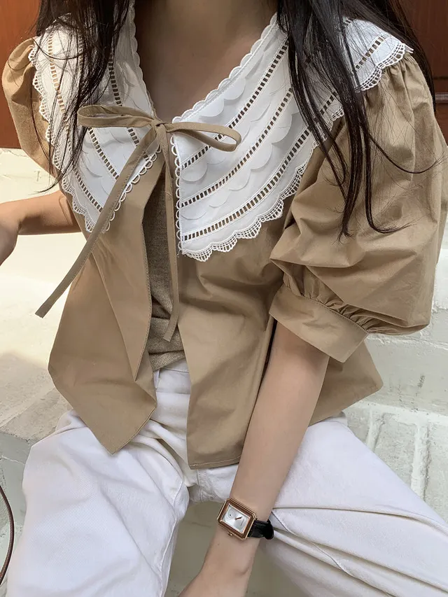 

woman top Korean chic sweet lazy lace collar stitching bow tie design loose puff sleeve shirt kimono femme