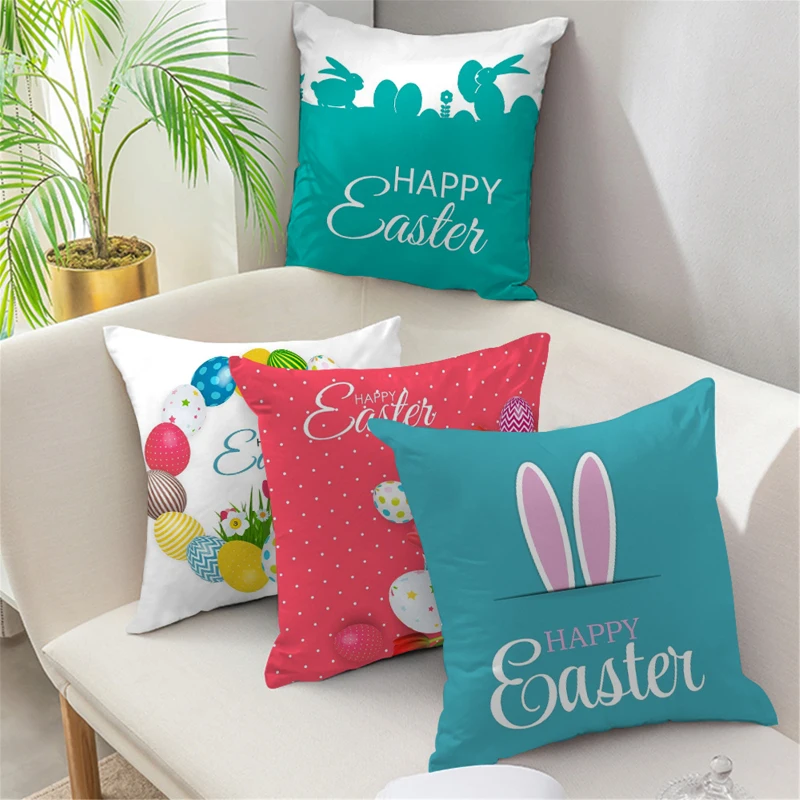 Наволочка с изображением Пасхальных Кроликов и яиц сине красная наволочка для