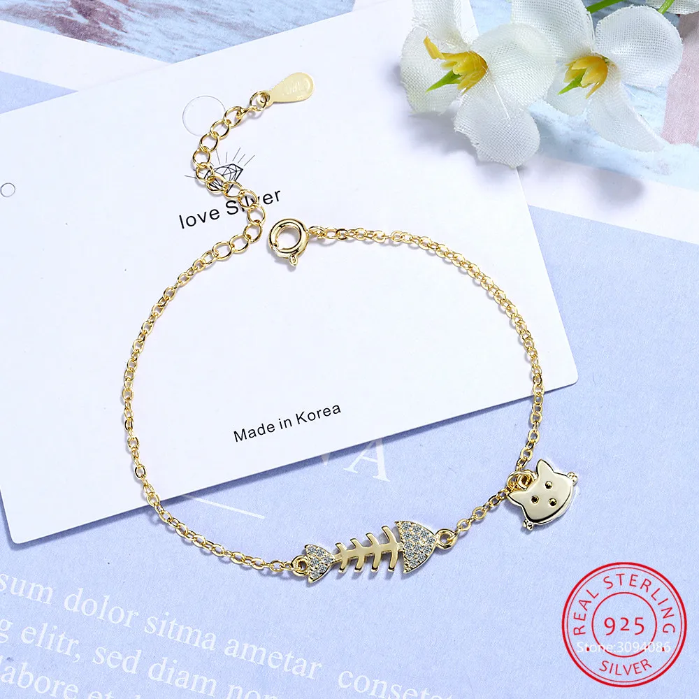 Модный милый браслет-цепочка с кошечкой из стерлингового серебра 925 пробы