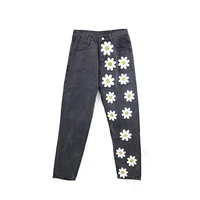 2021 new womens solid y2k flowers fresh and fresh blue denim jeans european and american indie printed thin jeans casual pants
