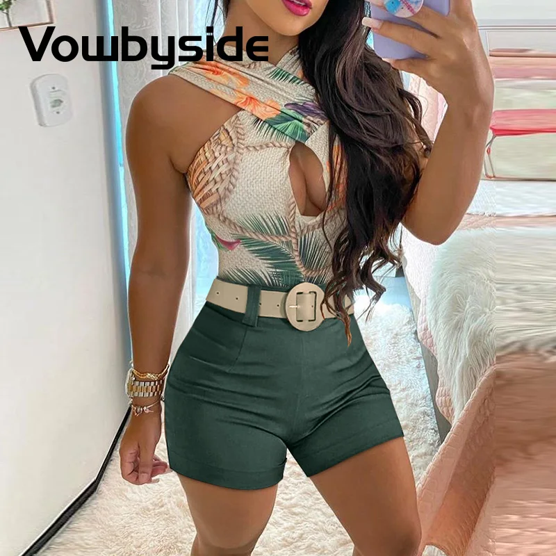 

Cross Halter Cutout Front Tropical Print Sexy Set