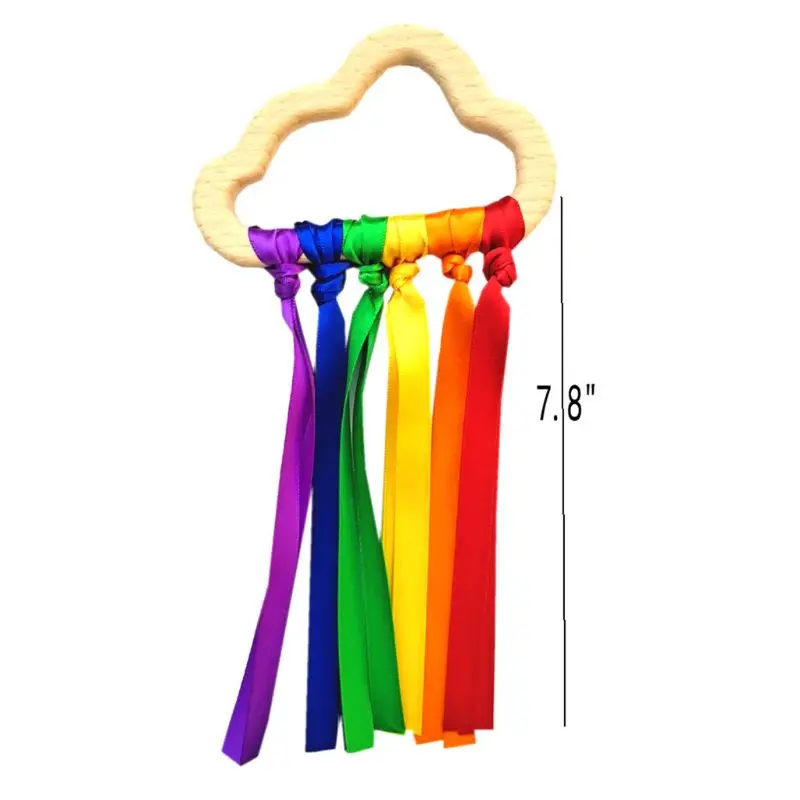 

Rainbow Natural Wooden Ribbon Ring Waldorf Toys Baby Teether Newborn Sensory Toy Shower Gift
