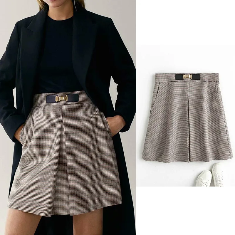 

Women Skirt Za 2021 Plaid Print Elegand Style Mini Skirt Cotton Lanon A-line Autumn Skirt Sashes Jupe Femme Faldas Mujer Moda