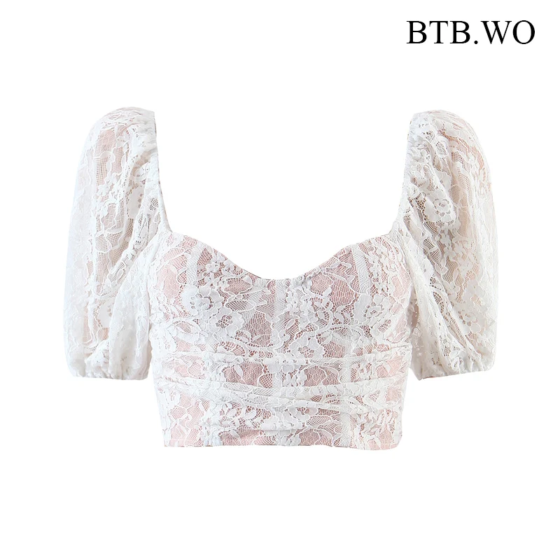 

BTB.WO Za Blouse Women 2021 Sexy Lace Cropped Blouses Vintage Long Sleeve Pleated Blouse Chic Square Collar Shirt