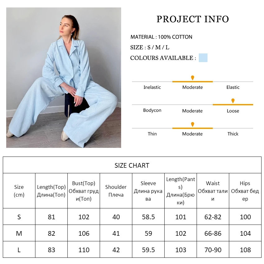 

Restve Blue Loose Female Sleepwear 2 Piece Set Cotton Turn Down Collar Long Sleeve Tops Female Casual Home Suit Sets With Pants
