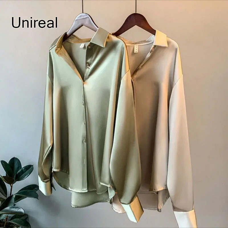 

Unireal 2022 Summer Women Satin Shirt Blouse Long Sleeve Shiny Silk Loose Casual Shirt Vintage Streetwear Tops