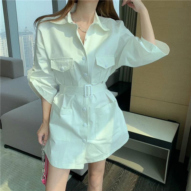 

2021 summer French mid-length shirt skirt tooling wind waist slimming short-sleeved dress women