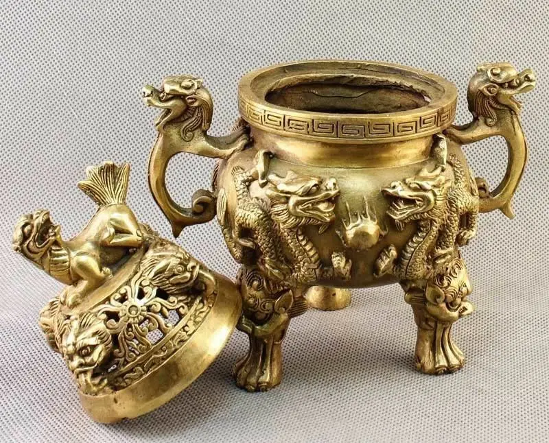 

China Brass carved Dragon&FOO FU Dog Incense Burner/Censer Statue