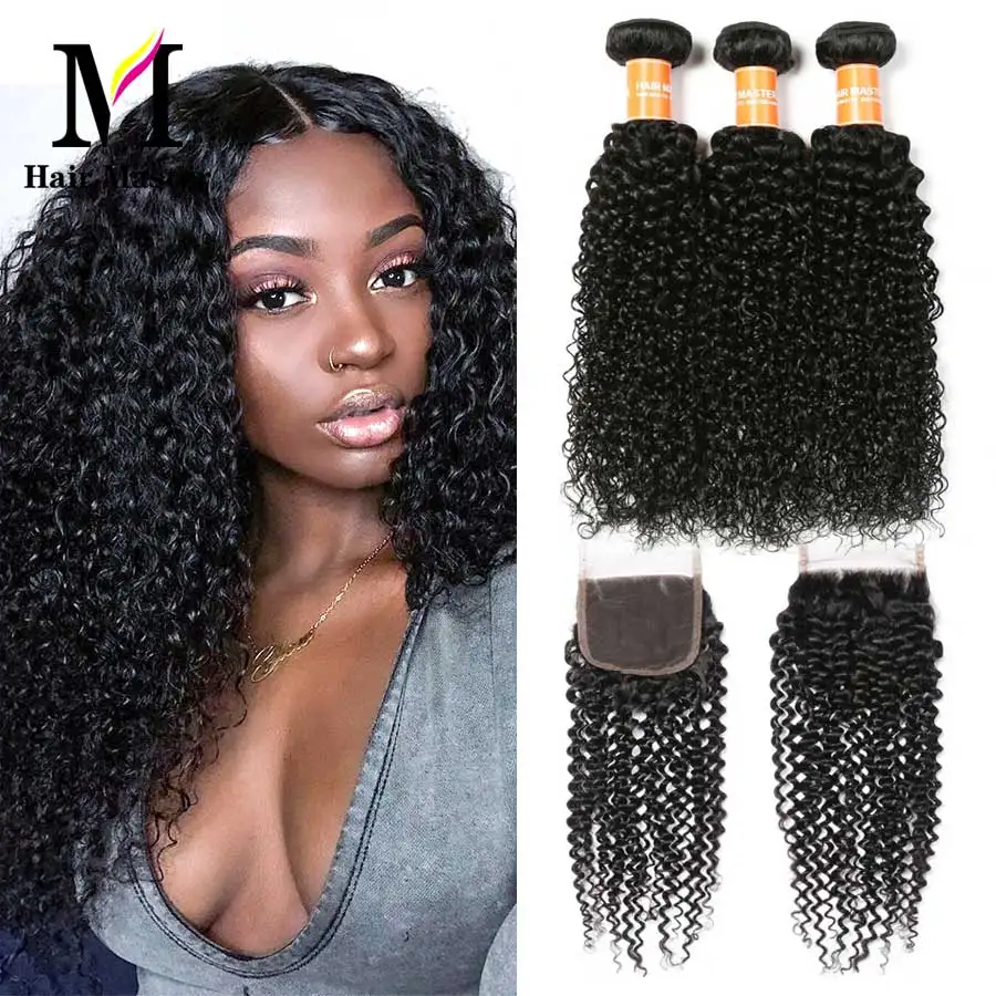Волосы Master Curly пряди, с закрытием, перуанские волосы Remy, кружевная застежка с пряди для наращивания, человеческие волосы, 3 пряди с закрытием