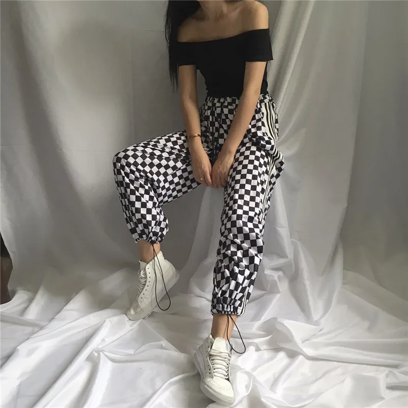 Ins/Модные свободные широкие брюки в стиле Харадзюку с клетчатой доской Черные и