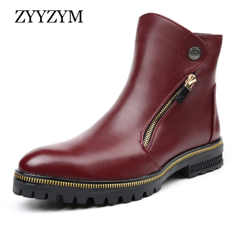 

ZYYZYM Men Chelsea Boots Zipper Winter Keep Warm High Help Style Waterproof Fashion Leather Boots Men Shoes