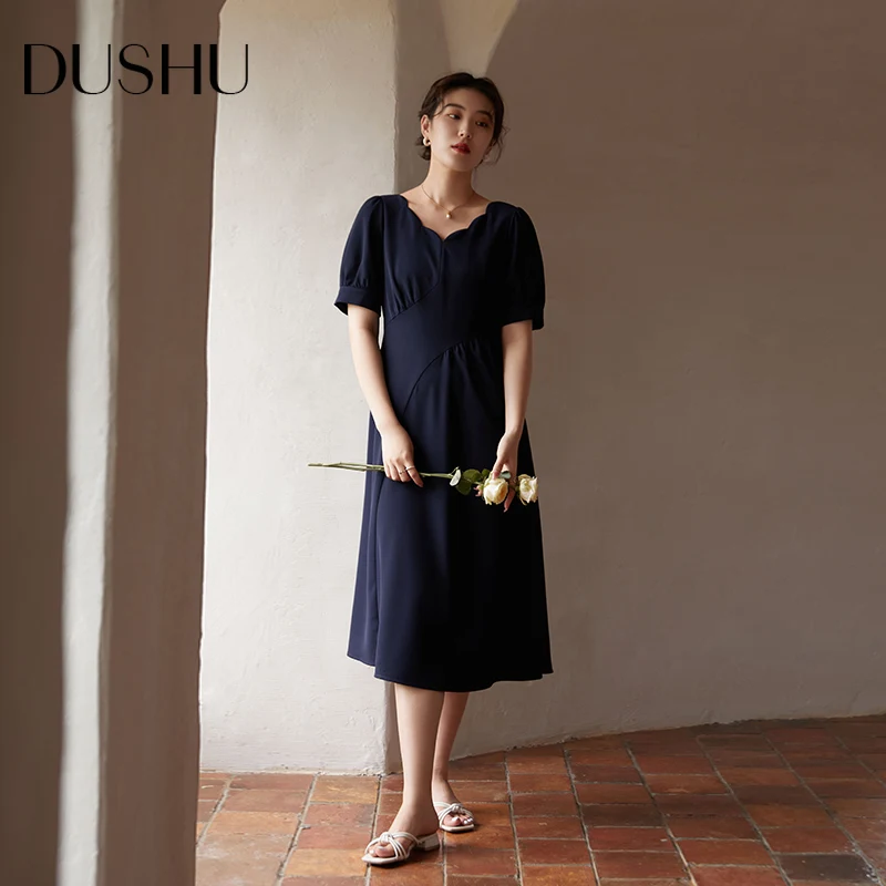 

Платье DUSHU женское офисное с воротником-лепестком, свободное Элегантное Длинное тонкое платье темно-синего цвета с V-образным вырезом, новый...