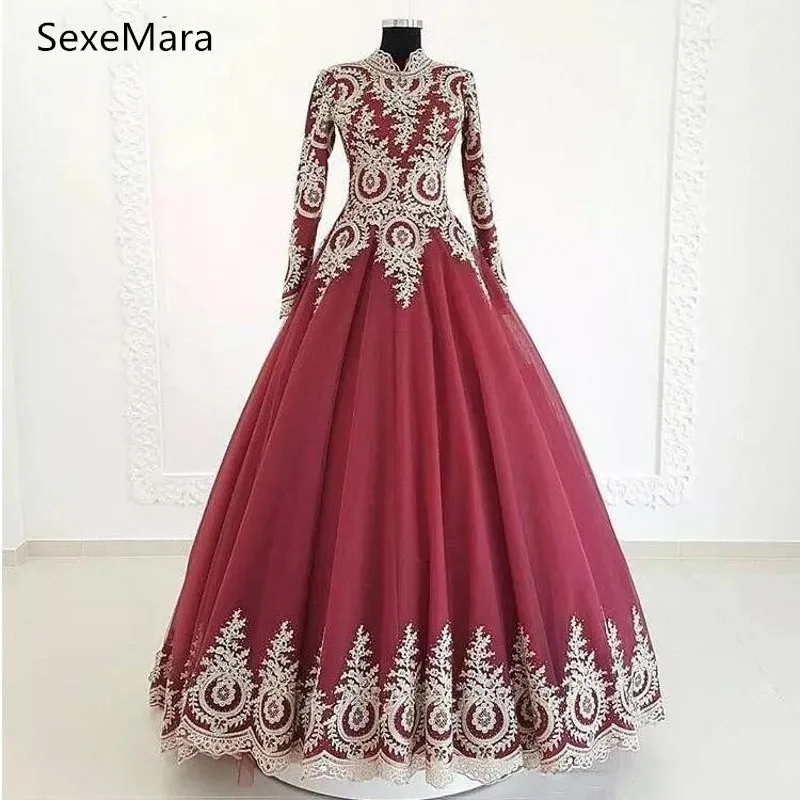 Бургундия 2019 Свадебные платья с длинными рукавами высоким воротом Золотая