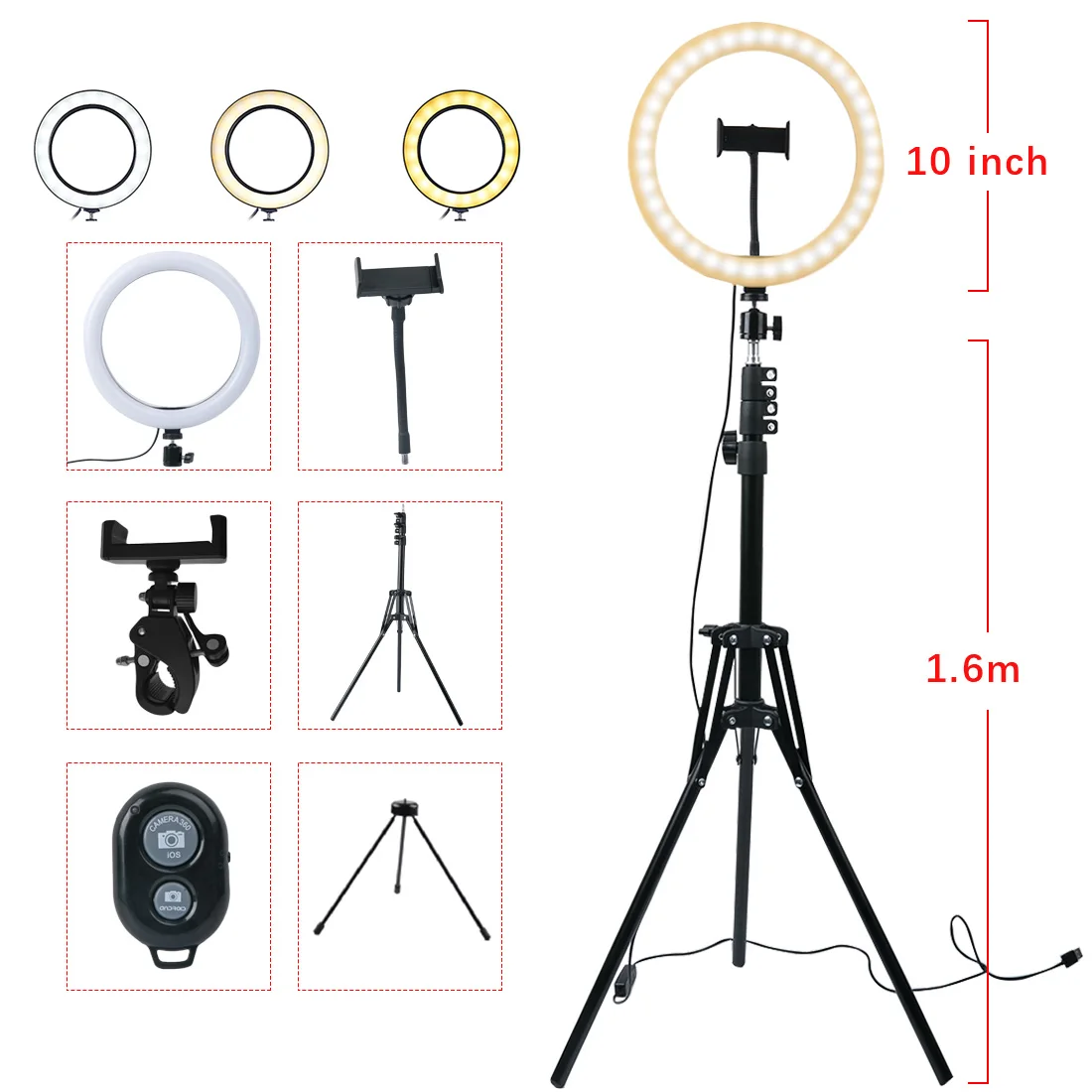 Светодиодное светящееся кольцо светильник с кронштейном и настольный штатив 10
