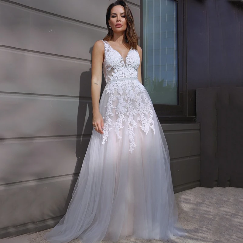 

New V-Neck Applique Lace Ivory With Champagne Lining Tulle A-Line Wedding Dress Bridal Gowns Robes De Mariées Vestidos De Novia