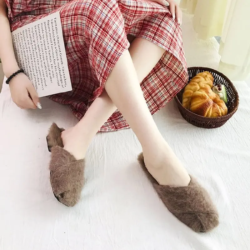 Модные женские шлепанцы Блестящие с искусственным мехом Женские сандалии