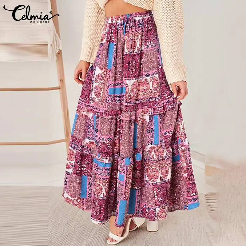 

Celmia 2022 осенние богемные женские макси-юбки с принтом и оборками, Винтажные эластичные длинные юбки с высокой талией, повседневные свободные...