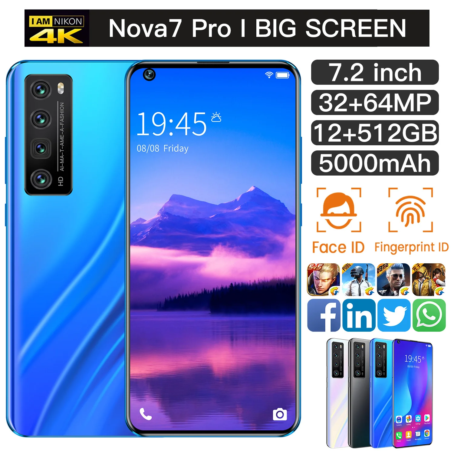 

2021 Global Version Nova7Pro Smartphone 7.2Inch 12+512G 5000mAh Support Face Unlock Dual SIM 4G LTE 5G Network Android Cellphone
