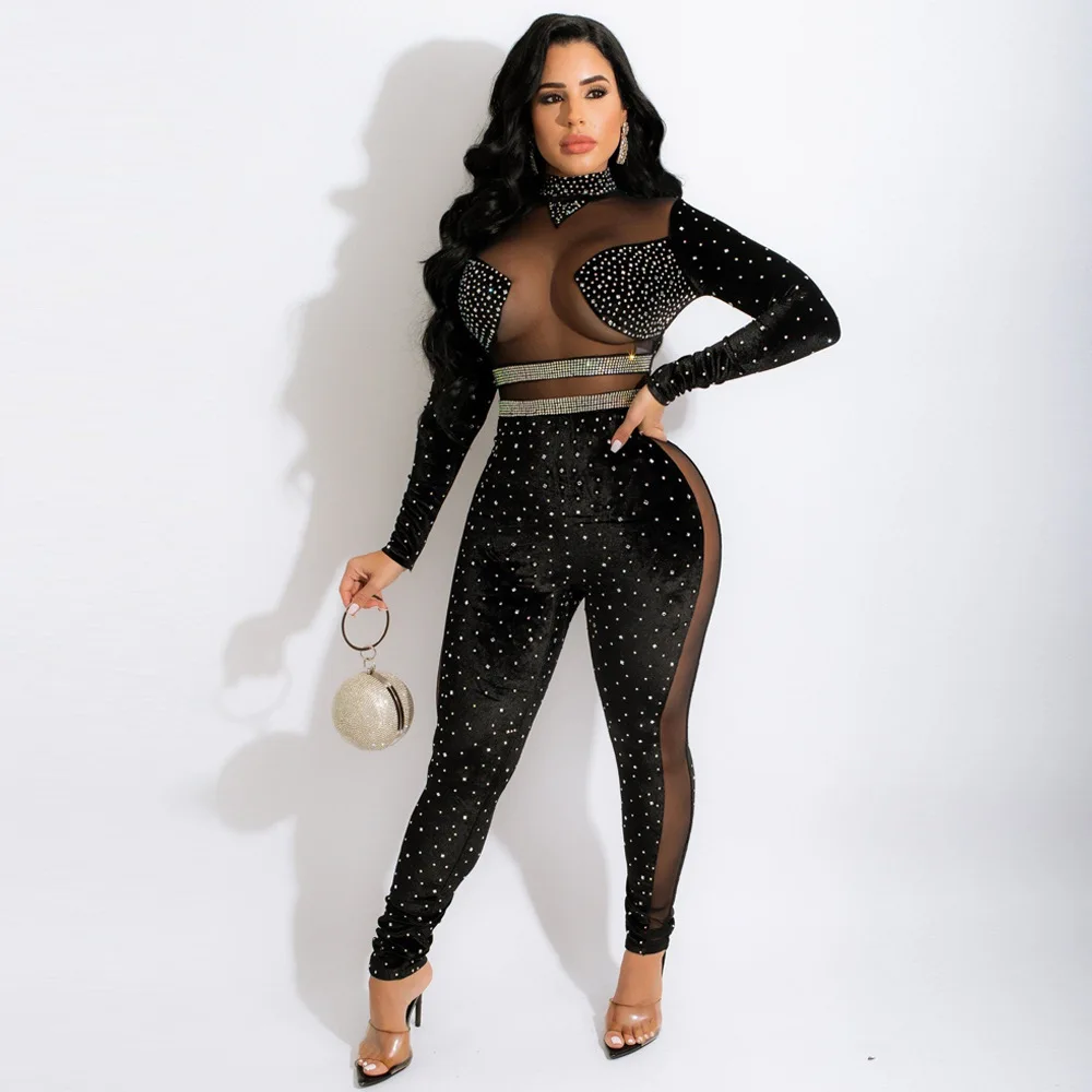 

Diamonds Hot Rhinestone Mesh Patchwork See Though Patchwork Jumpsuit Sexy Black Women Party Ruched Playsuits Black Romoper