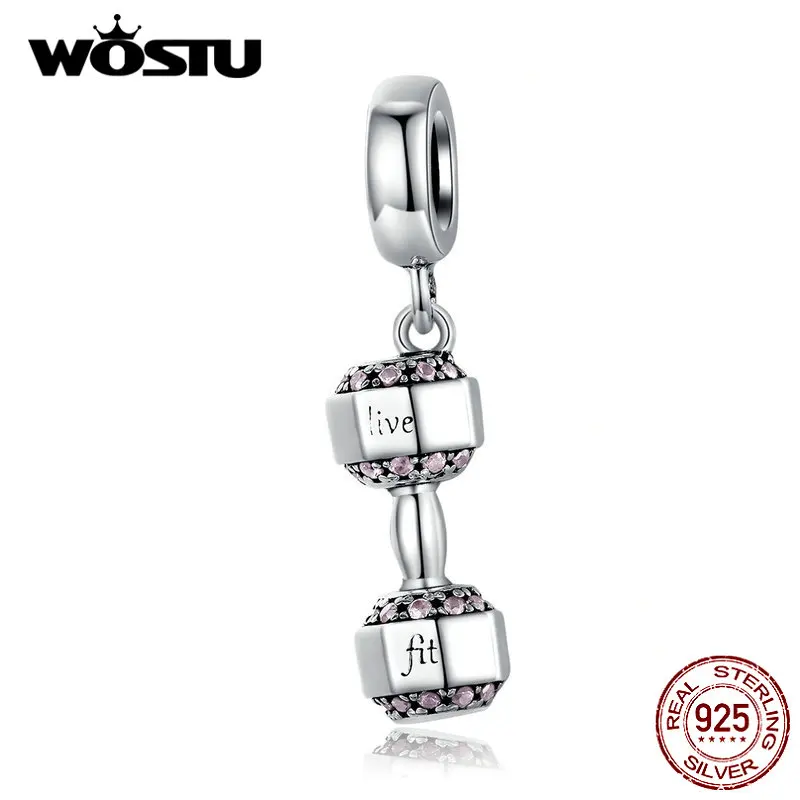 WOSTU Dumbbell Fitness Charms 925 Sterling Silver Fit Original Bracelet Pendant Beads Women DIY Necklace Sport Jewelry FIC1340 | Украшения