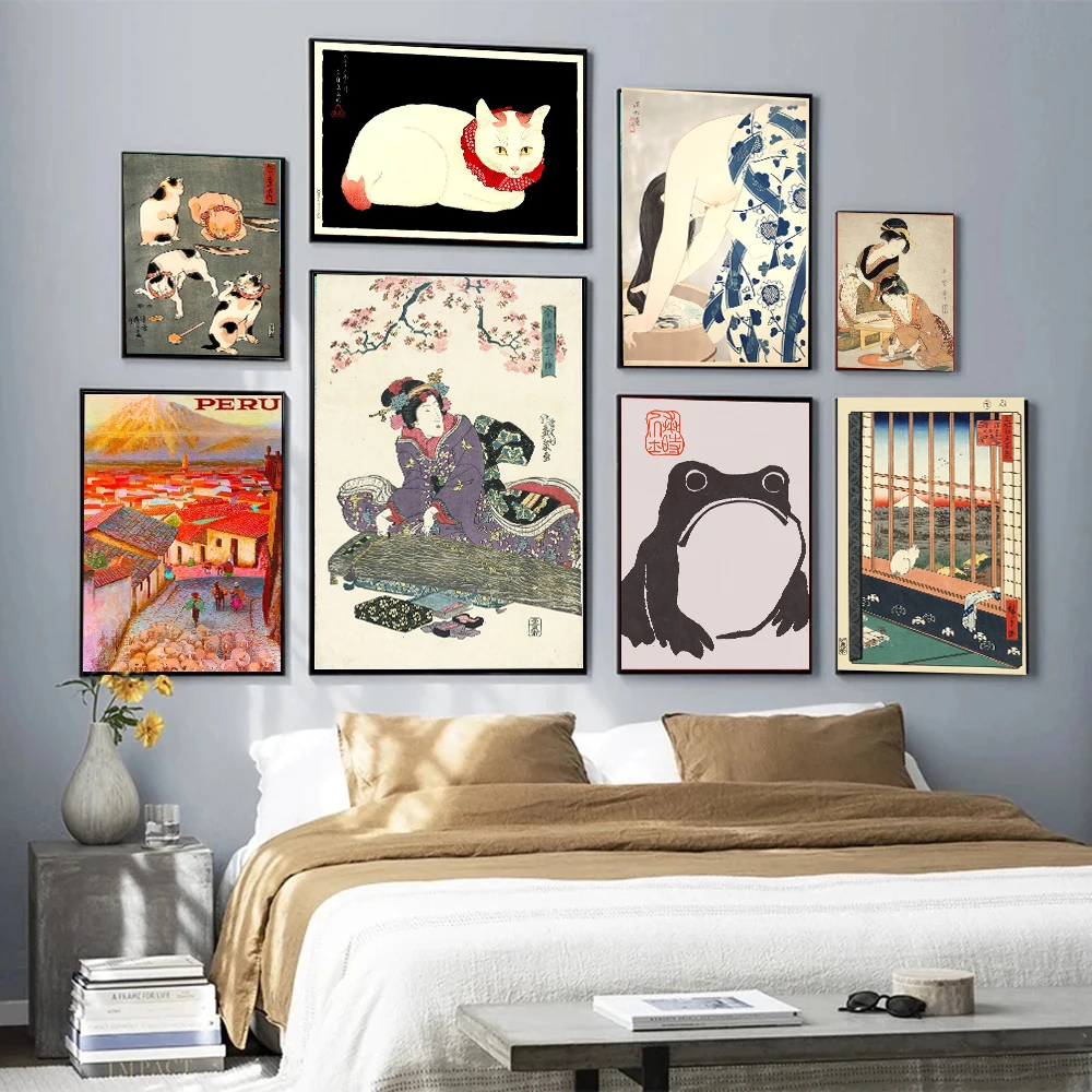 

Japanese Samurai Cat Woodblock Toad Home Decor Art Cartoon Frog Animal Posters Washing the Hair Woman Canvas Painting Asakusa