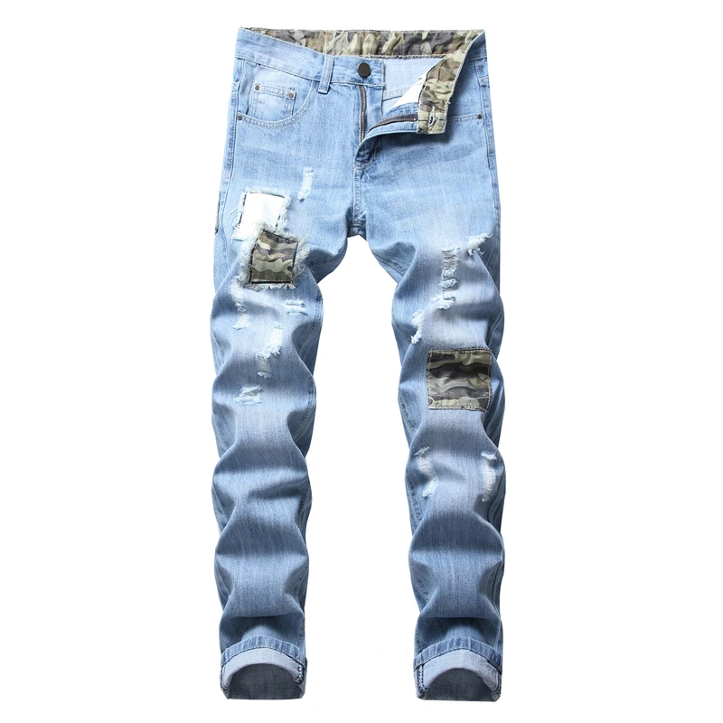 

New Biker Jeans Men's Autumn Casual Washed Cotton Skinny Fashion Light Blue Ripped Trousers Hip Hop Elasticity Slim Denim Pants
