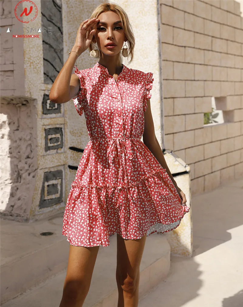 

Женское платье-трапеция с принтом Sumemr, однобортное дизайнерское Бандажное платье с оборками и воротником-стойкой без рукавов, облегающее м...