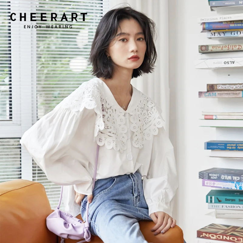 

CHEERART White Lace Sailor Collar Baggy Shirt Korean Fashion Lantern Sleeve Cotton Button Up Casual Top Fall Fashion Clothes