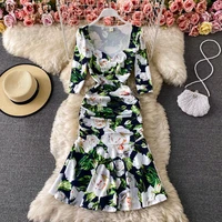korean new flower print green bodycon mermaid dress 2021 summer new square collar 34 sleeve pleated ruffles long dress