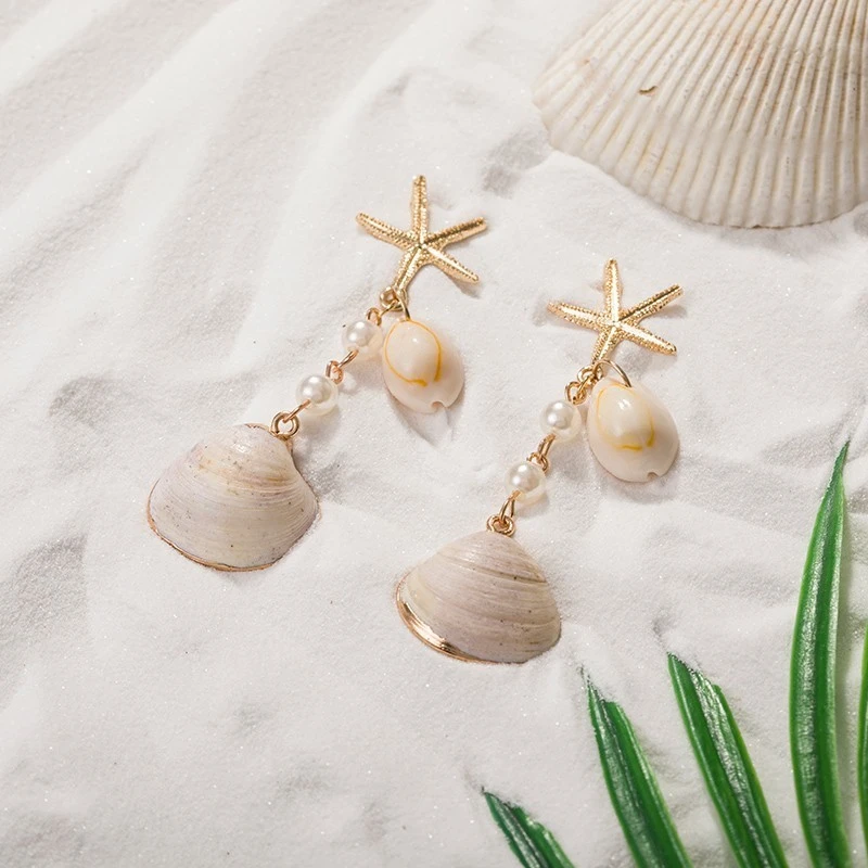 Длинные серьги подвески JOUVAL в виде морской звезды и ракушки женские из сплава