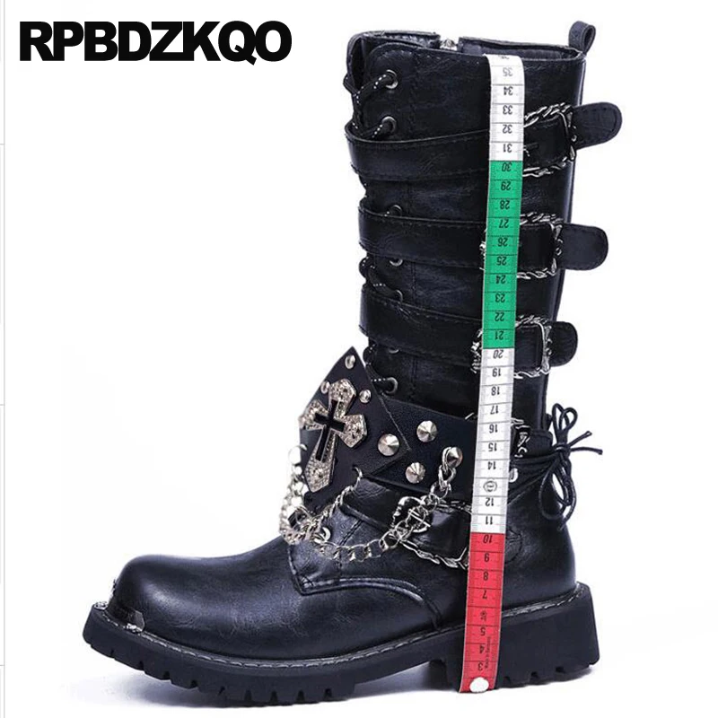 Мужские кожаные ботинки до середины икры черные военные в стиле панк с