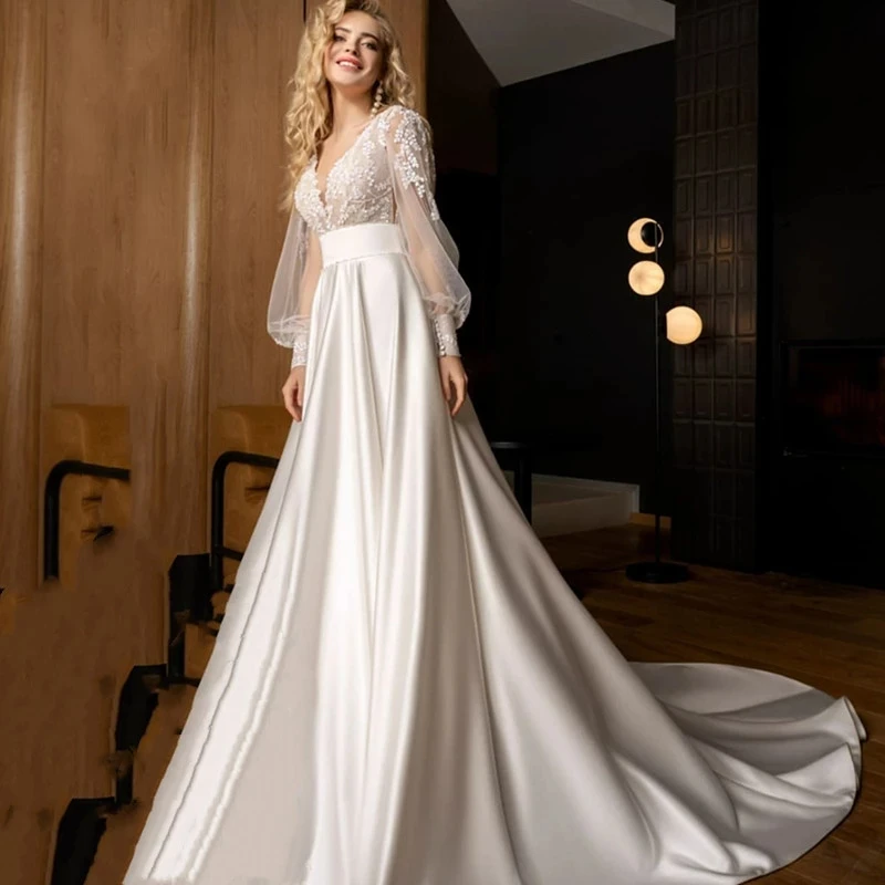 

HERBURNL Boho Wedding Dresses V-neck A-line Beaded Long Sleeves Top Lace Backless Satin Bridal Gowns Robe De Mariee For Women
