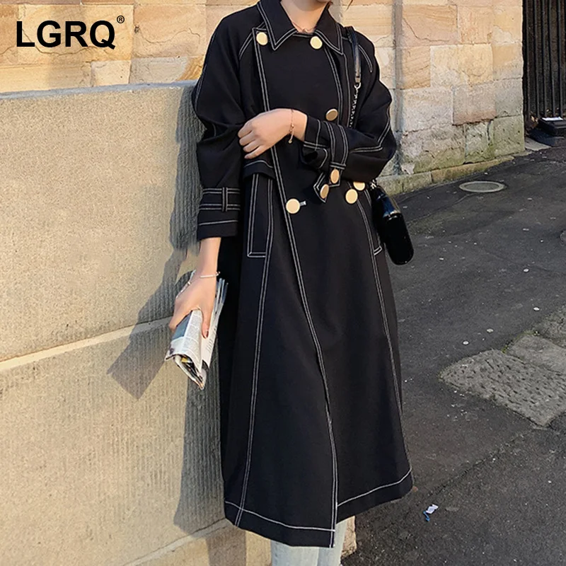 

[LGRQ] Topstitched Women's Trench New Lapel Long Sleeve Loose Fit Windbreaker Korea Fashion Tide Spring Winter 2021 19D4130