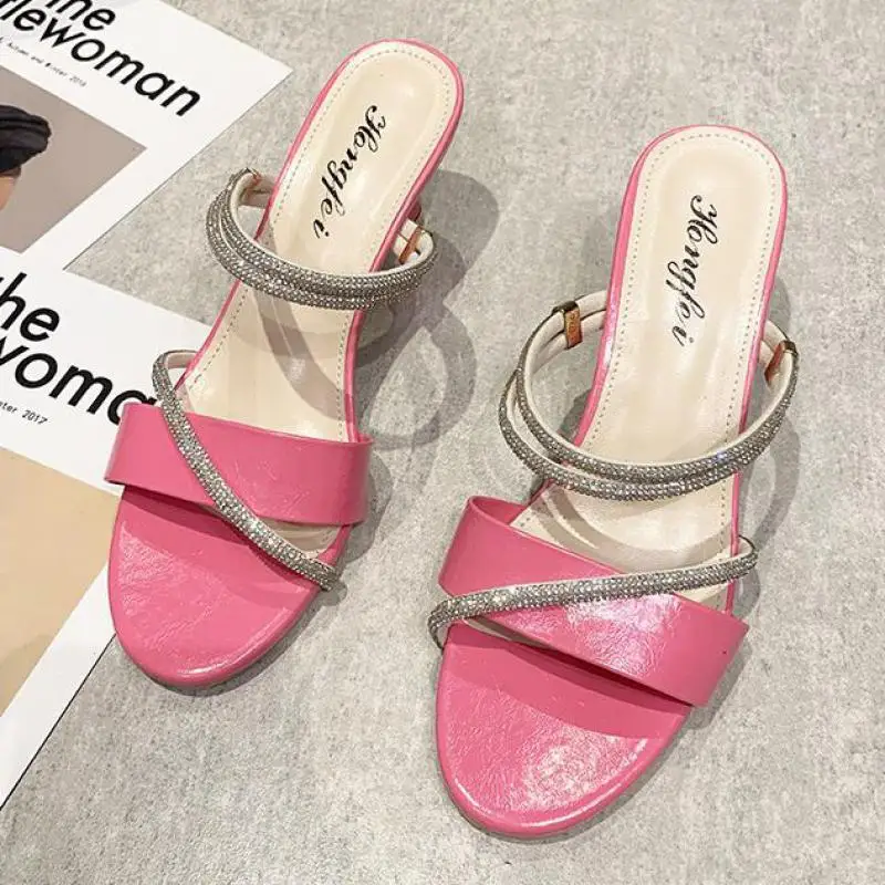

2021 Summer New Fashion Thin Strap Sexy European American Square Toe Crystal Heel Sandals Ytmtloy House Slippers Mule Feminino